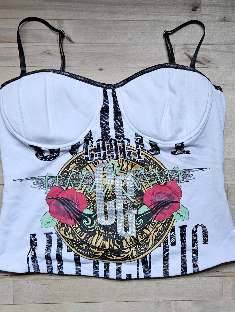 L,COOGI, white graphic corset top, black adjustable straps